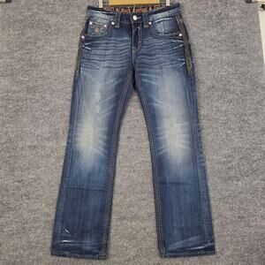 Rock Revival Jeans 32 Junior Straight Distressed Denim Embroidered Casual Work
